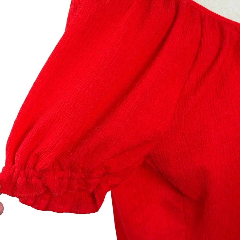 Madewell Women S Blouse Red Texture Thread Puff Sleeve Peasant Boho‎ Top Summer